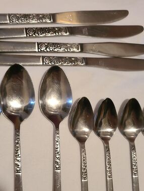 Vintage National Stainless Korea Rose Serenade, 45 pc Flatware Floral Scroll